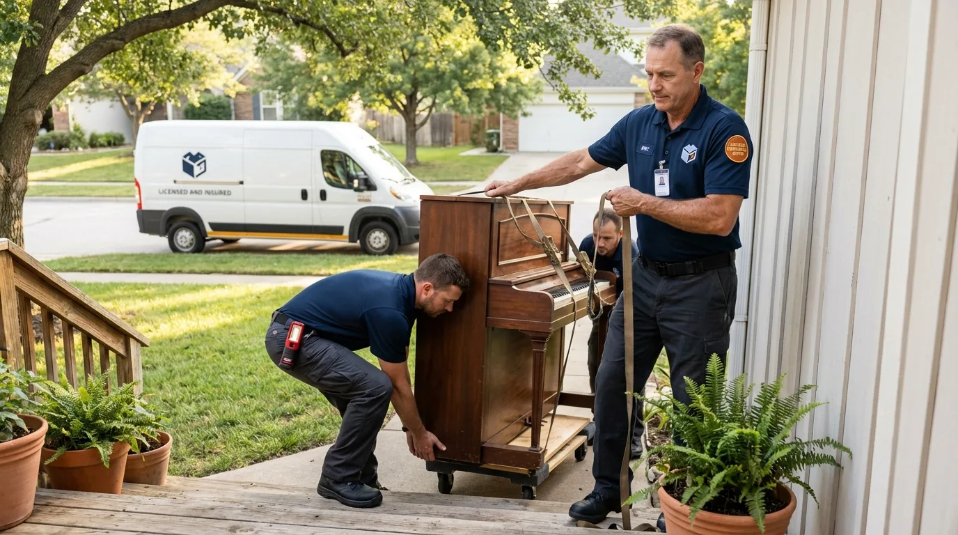 Licensed piano movers securing grand piano in Port Orange, FL