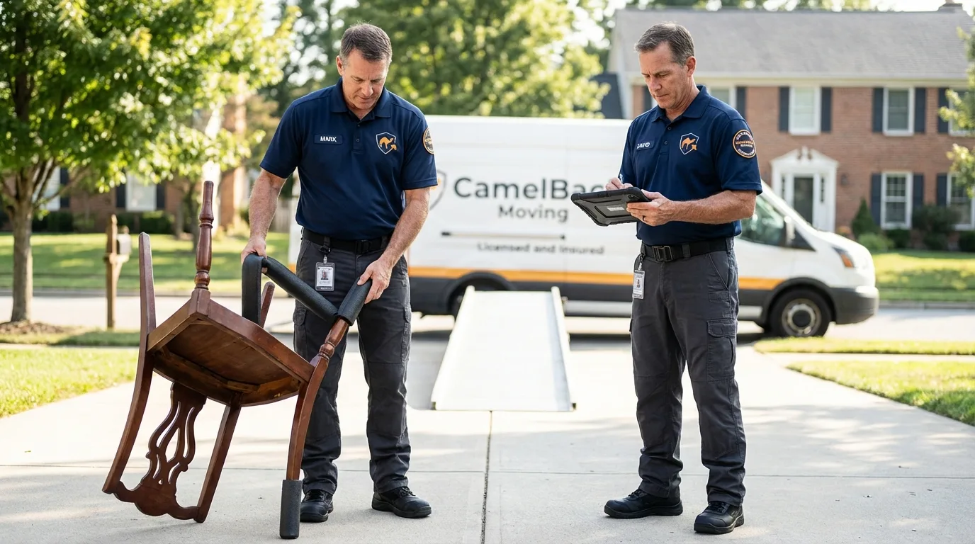Movers inspecting furniture for damage prevention before loading in Port Orange, FL